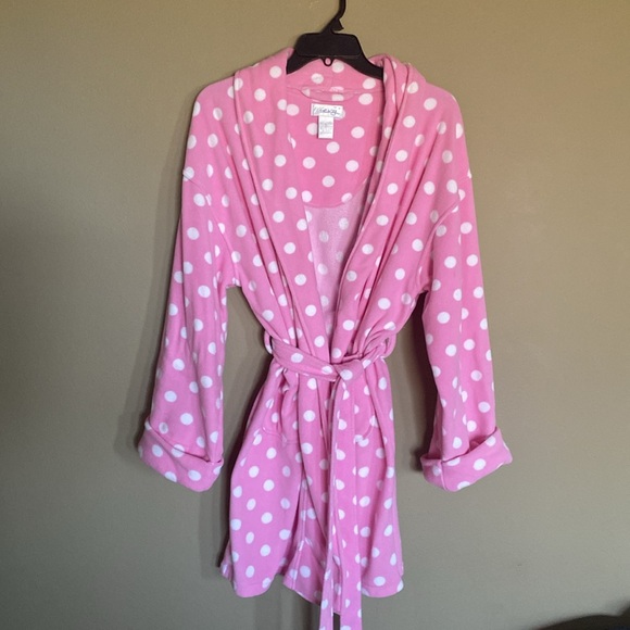 ⭐️KENJI: BarbieCon Y2K Polyester Pink w White Polka Dot Knee Length Robe-Sz L - Picture 2 of 7